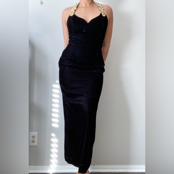 Vintage Scott McClintock Velvet Black Metallic Gold Sleeveless Formal Maxi Dress - Picture 2 of 9